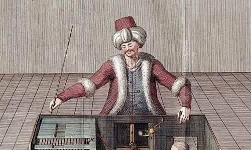 "El Turco", autómata de Wolfang von Kempelen (1769) que ganó una partida de ajedrez a Napoleón